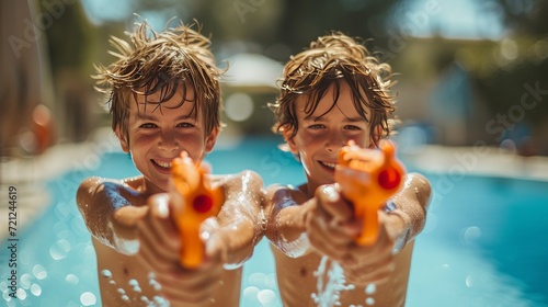 Two boys 10 years old play with water pistols against the backdrop of a summe...