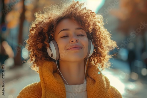 woman listening to her music while in the middle of a street