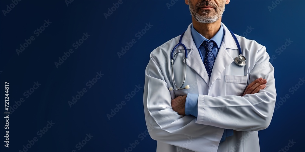 doctor dressed in white with arms crossed on a navy blue background, generative ai