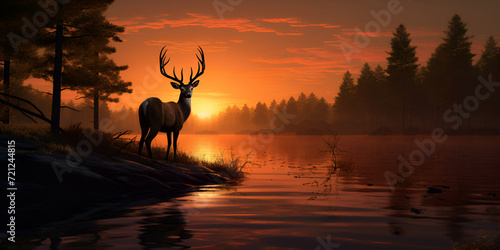 Silhouette of white tailed deer of Texas farm  sunset  natural light  Elegant Deer by the Seashore   