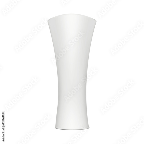 Blank white stretch tension fabric promotional pillar banner display stand vector mockup. Trade show tower realistic mock-up. Curved advertising column template