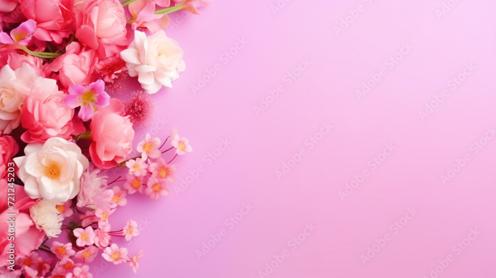 Colorful flowers on isolated pink background with copy text space - ai generative