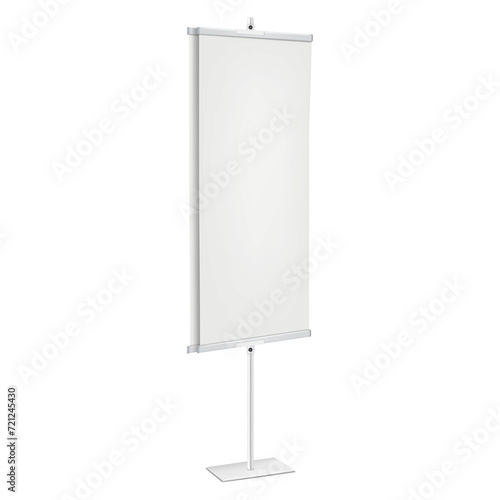 Double-sided banner stand realistic vector mock-up. Vertical floor promotional display standee mockup. Blank white trade show poster holder template