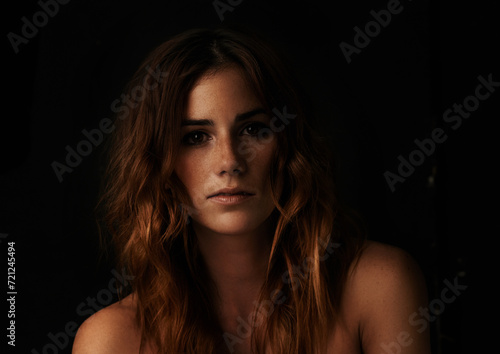 Fotografija Woman, beauty and portrait with ginger hair, salon and haircut treatment in a studio