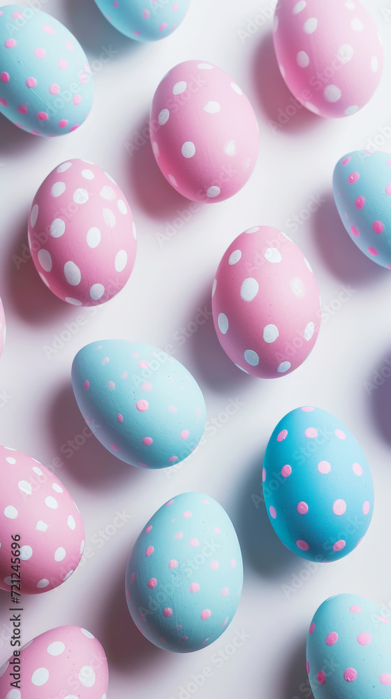 Aesthetic flat lay of pastel coloured Easter eggs with dots. White background. Copy space. Generative AI