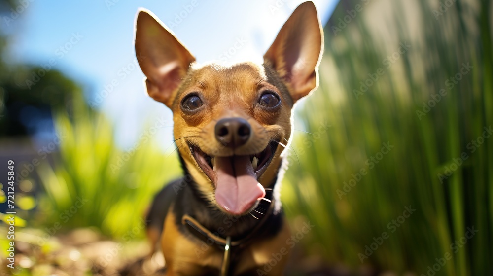 A happy Chihuahua puppy is resting in a beautiful green meadow. The dog smiles and looks at the camera. I am a banner with an empty space for text. A happy Chihuahua puppy is resting in a beautiful green meadow. The dog smiles and looks at the camera. I am a banner with an empty space for text.