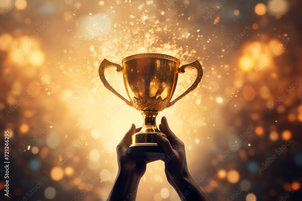 Man holding up a gold trophy cup with abstract shiny background, copy space for text Man holding up a gold trophy cup with abstract shiny background, copy space for text