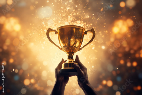 Man holding up a gold trophy cup with abstract shiny background, copy space for text