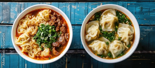 Thai and Chinese street food with wonton noodles soup.