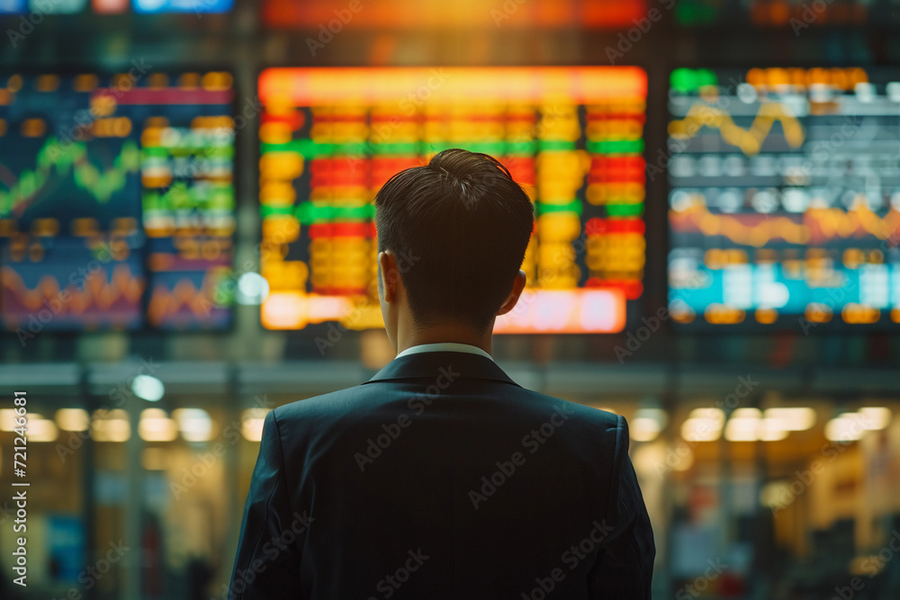 handsome businessman watching financial analyst working real-time stocks exchange market, broker trading stock market charts with multiple screens