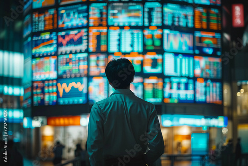 handsome businessman watching financial analyst working real-time stocks exchange market  broker trading stock market charts with multiple screens