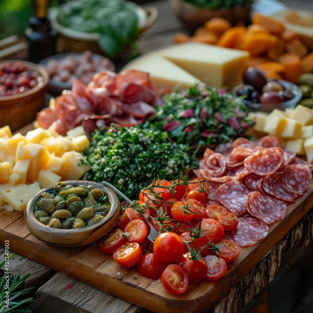 Cheese and Charcuterie Board, An appetizing spread of assorted cheeses, cured meats, and accompaniments on a wooden board Cheese and Charcuterie Board, An appetizing spread of assorted cheeses, cured meats, and accompaniments on a wooden board