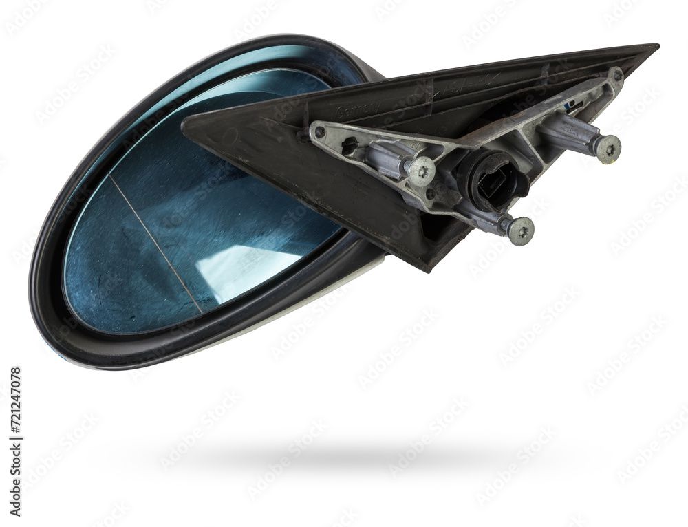 Close-up on a side mirror from a sedan with turn signal repeaters for repair and replacement after an accident in a workshop. Auto service industry. Spare parts catalog. Close-up on a side mirror from a sedan with turn signal repeaters for repair and replacement after an accident in a workshop. Auto service industry. Spare parts catalog.