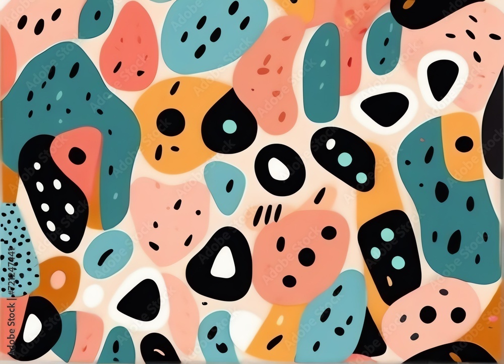 Abstract organic shape seamless pattern with black geometric doodles on Flat cartoon background with simple random shapes in bright childish colors from Generative AI