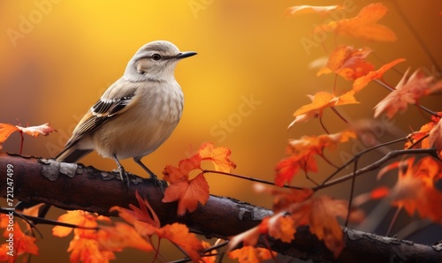 Beautiful mockingbird chirping among amazing autumn leaves .