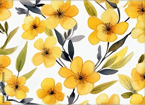 Yellow floral background on watercolor simple flowers from Generative AI