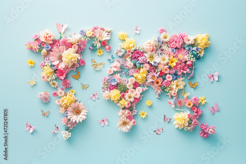 World map made with fresh flowers.