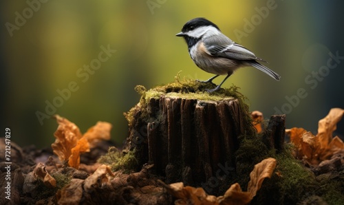 Beautiful chickadee bird on amazing stump.