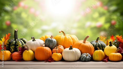 A colorful display of pumpkins apples and gourds at an autumn farmers market background photo
