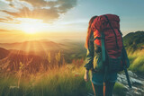 Adventurous Female Hiker Overlooking Sunrise on Mountain Trail. Solo Travel Concept