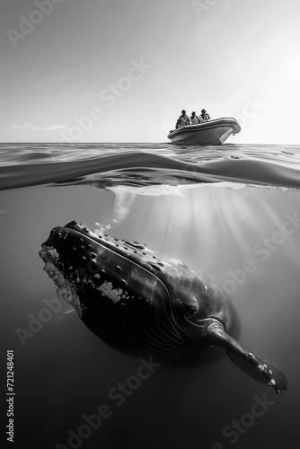 Black and white drawing of a blue whale swimming under a boat with fishermen, vertical poster to draw attention to the protection of wild animals photo