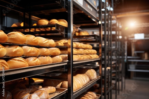 shelves with baked loaves, loaf of bread, baguettes of commercial bakery kitchen. bread baking production manufacture business and modern technology