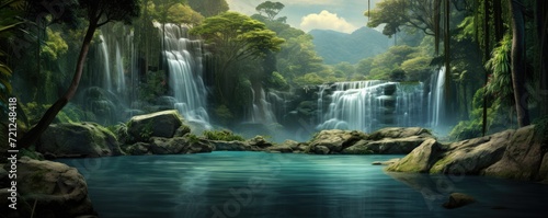 Amazing tropical forest with beautiful lake and fast flowing waterfall over boulders in background. #721248418