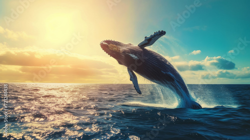 A whale jumps out of the water nearby, a bright azure sea illuminated by the sun at sunset, an idea for a poster on World Wildlife Day nature protection photo