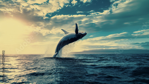 Whale watching concept poster with a blue whale jumping out of the water, bright azure sea illuminated by the sun at sunset, idea for a banner on world wild animals day nature protection