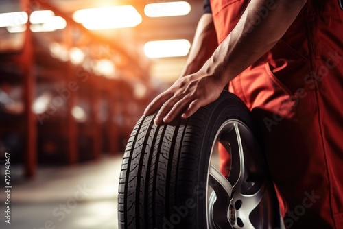 car tire shop and service center garage, mechanic holding new tyre on garage background. copy space