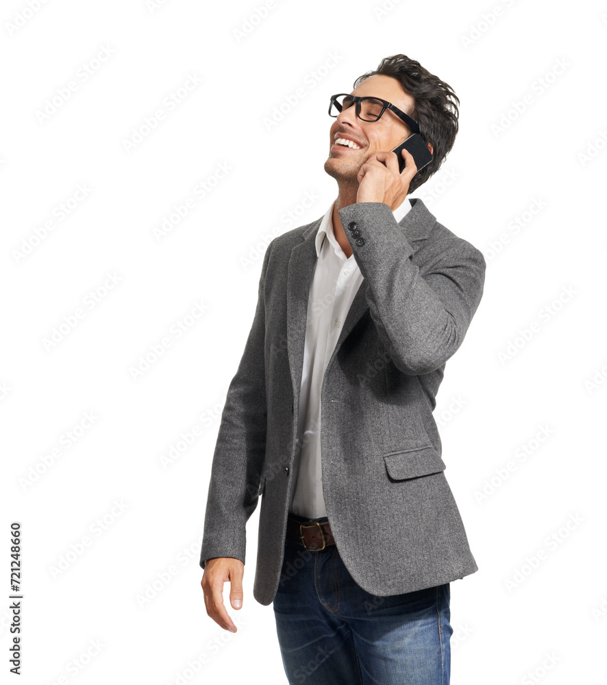 Fototapeta premium Happy, laugh and phone call by business man in studio with silly conversation on white background. Smartphone, networking and male salesman with funny client, joke or friendly online consultation