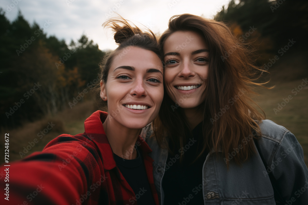 Obraz premium Lesbian young couple taking a selfie in the nature