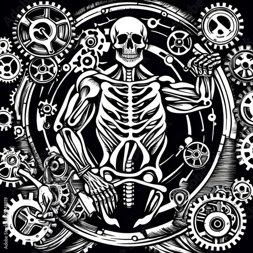 black and white illustration of a skeleton and gears