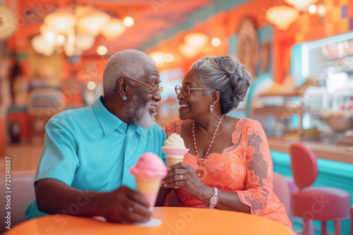 Cheerful older Black Couple Eating ice cream in Restaurant. photo