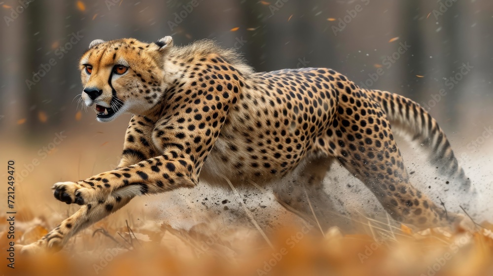 Cheetah in Action, Dynamic shot of a cheetah in full sprint, symbolizing speed and agility in the animal kingdom Cheetah in Action, Dynamic shot of a cheetah in full sprint, symbolizing speed and agility in the animal kingdom