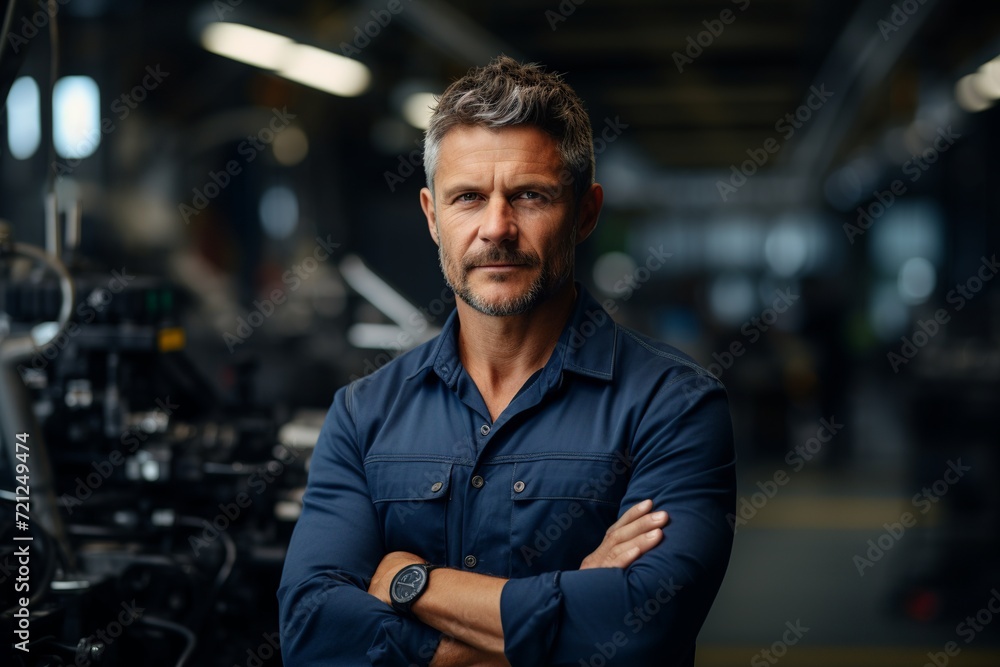This captivating portrait showcases an industry maintenance engineer, dressed in a sharp uniform and wearing a safety hard hat, positioned at a factory station This captivating portrait showcases an industry maintenance engineer, dressed in a sharp uniform and wearing a safety hard hat, positioned at a factory station