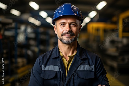 This captivating portrait showcases an industry maintenance engineer, dressed in a sharp uniform and wearing a safety hard hat, positioned at a factory station