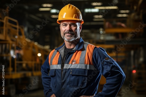 This captivating portrait showcases an industry maintenance engineer, dressed in a sharp uniform and wearing a safety hard hat, positioned at a factory station