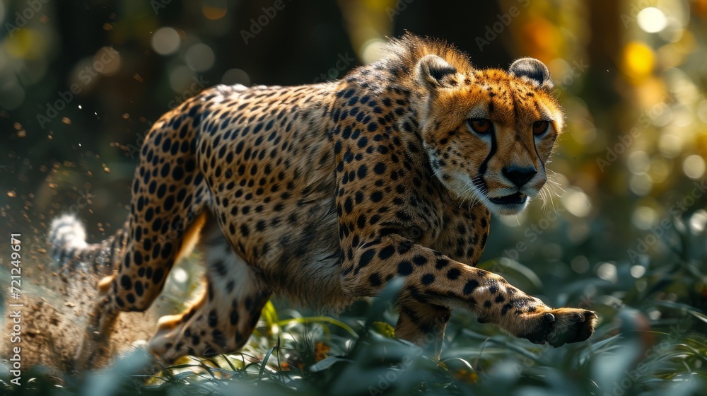 Cheetah in Action, Dynamic shot of a cheetah in full sprint, symbolizing speed and agility in the animal kingdom Cheetah in Action, Dynamic shot of a cheetah in full sprint, symbolizing speed and agility in the animal kingdom