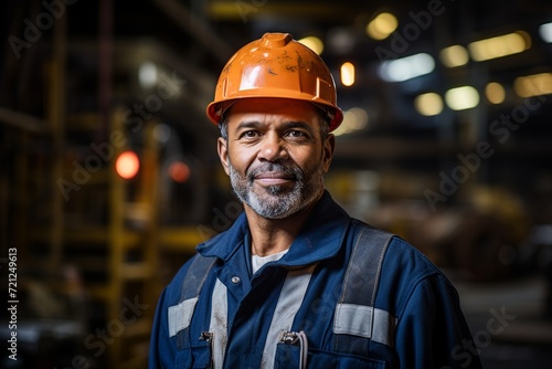 This captivating portrait showcases an industry maintenance engineer, dressed in a sharp uniform and wearing a safety hard hat, positioned at a factory station