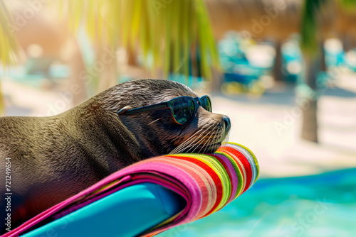 Banner with the head of a funny sea lion in sunglasses resting on a sun lounger on a background of palm trees, bright sunlight, invitation to vacation and travel to the resort photo