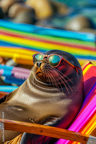 Vertical banner with a funny sea lion in sunglasses resting on a sun lounger on a background of palm trees, invitation to vacation and travel to the resort photo