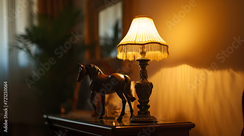 beautiful side lamp home decorative nightstand light in rose gold color and floral pattern horse sculpture figurine art piece as wide banner home decor interior design with copy space, generative ai