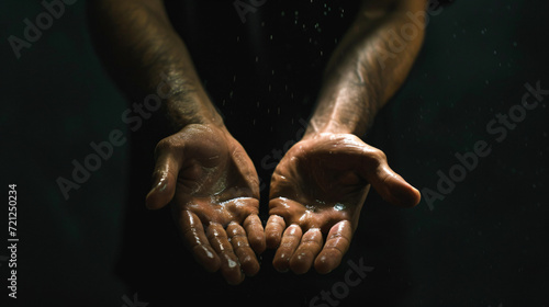 Hands of man and black background