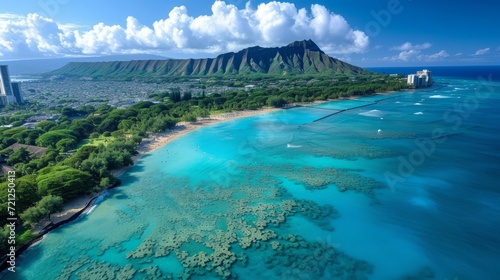 Aerial view of Honolulu, Hawaii showing the beautiful coastline and Diamond Head