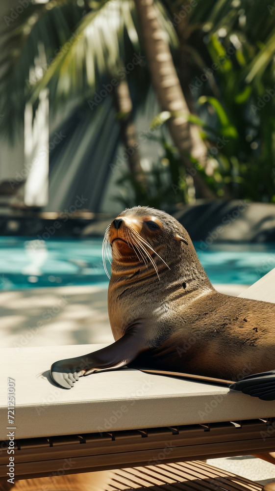 Fototapeta premium Portrait of a fur seal lying on a sun lounger on the sandy beach of a resort hotel, World Wildlife Day banner and disturbance of natural habitat of wild animals