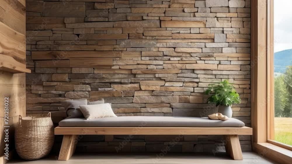 Vidéo Stock Wooden rustic bench near the wild stone cladding wall ...