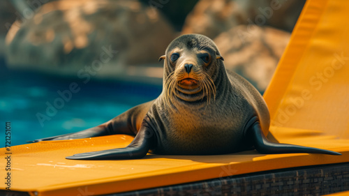 A sea lion lies on a sun lounger on the beach near the hotel, World Wildlife Day banner and disturbance of natural habitats of animals photo