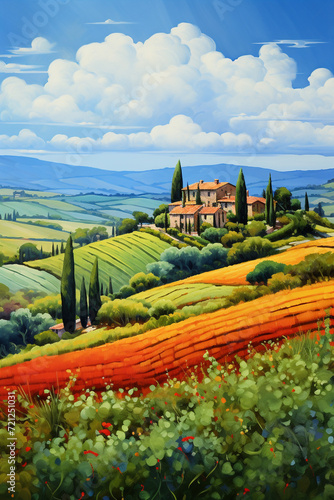 Tuscany oil painting with fields  meadows  cypress trees and houses on the hills