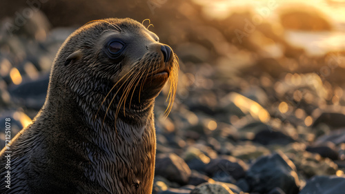 Portrait of a young fur seal against the background of a rocky sea beach, banner for World Wildlife Day and disturbance of the natural habitat of wild animals photo